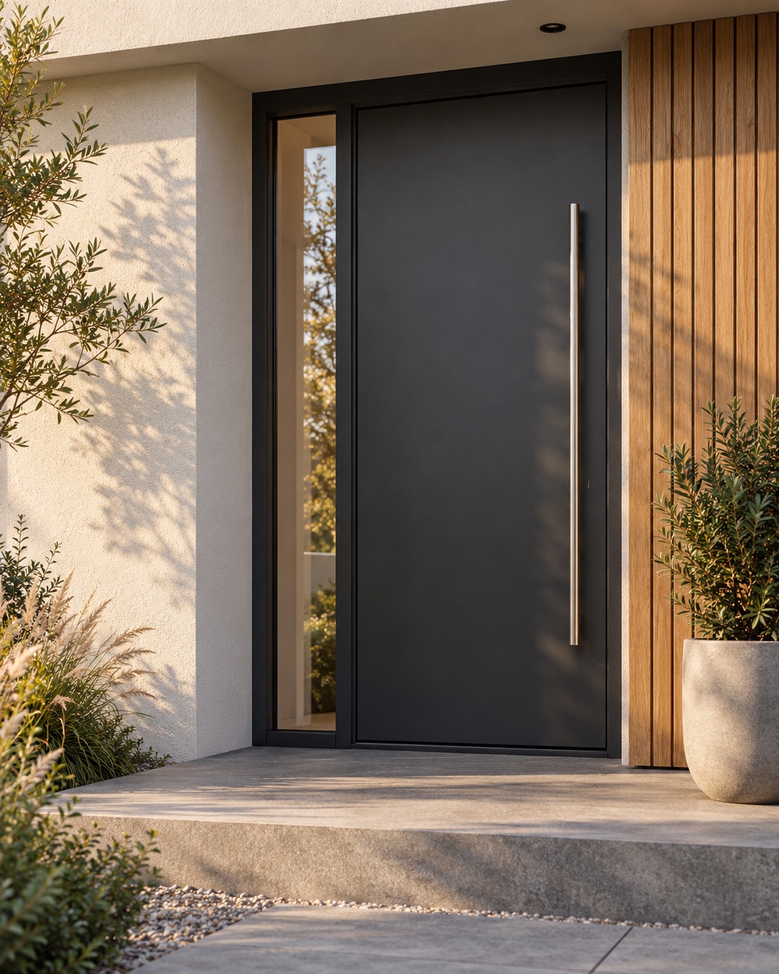 Architektur-Inspiration: anthrazitfarbene Haustür mit langem Metallgriff und warmer Holzverkleidung