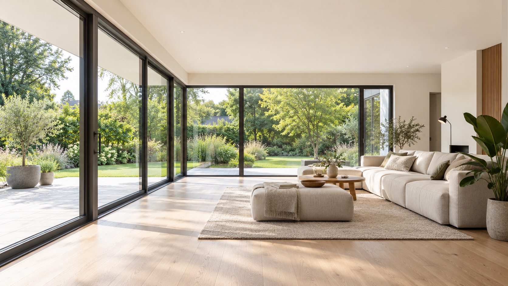 KI-generierte Wohninspiration: heller Wohnraum mit großen anthrazitfarbenen Fenstern und Blick in den Garten